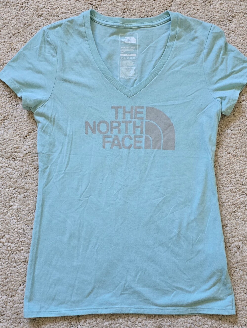 Women's The North Face Baby Blue V-Neck T-Shirt Small Slim